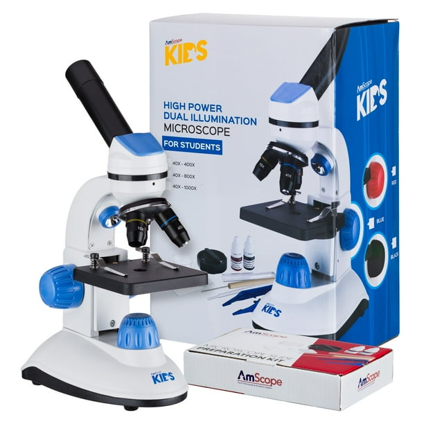 AMSCOPE-Kids M50C-B14-WM 40X-1000X Dual Illumination Microscope with Slide Prep Kit and Book Blue